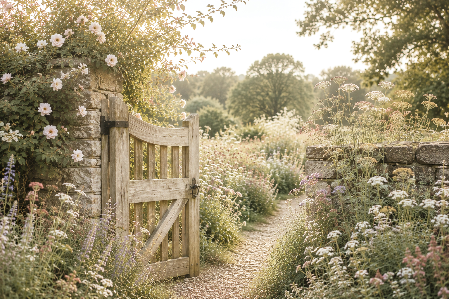 A wooden garden gate is open along a stone wall, leading into a flower-filled garden path at sunset.