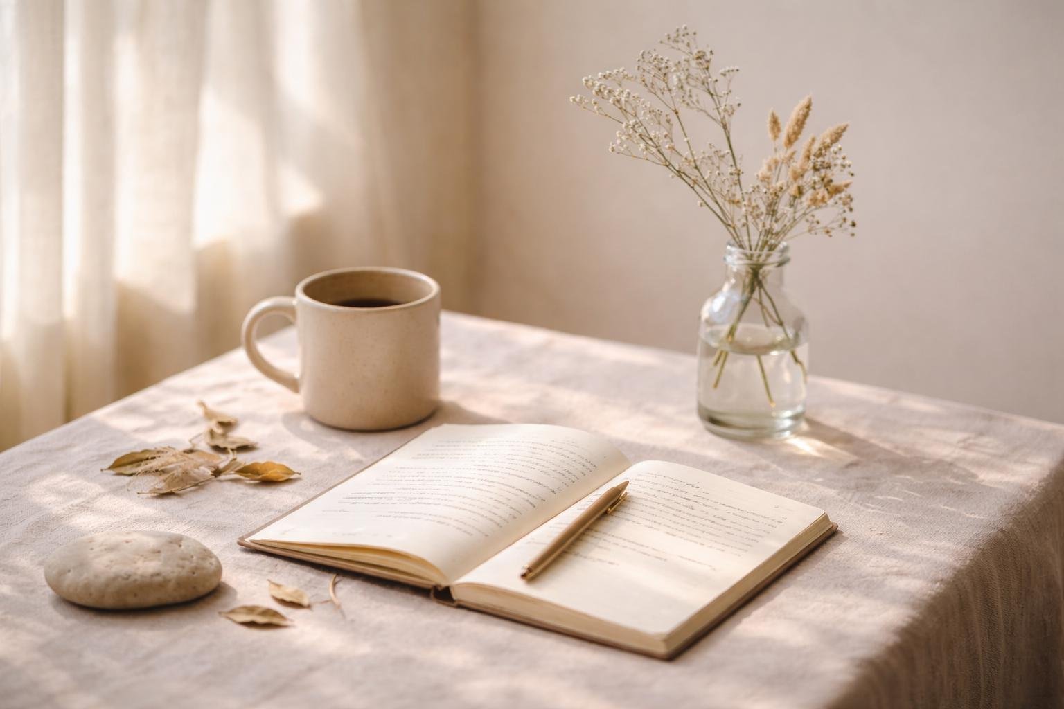 A cozy table setup with an open notebook, a pen for inviting therapy work
