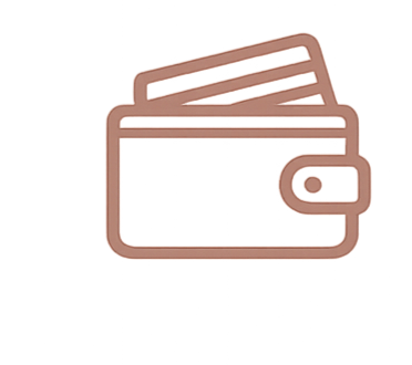 A pink neon wallet icon with a clasp and a black pen below it.