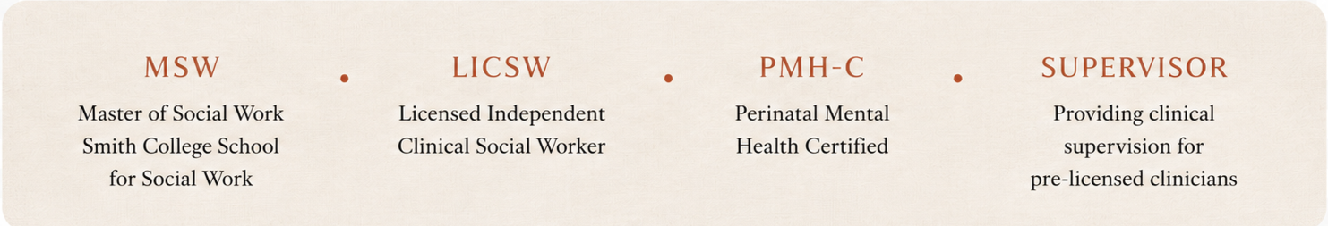 A professional resume or profile summary highlighting qualifications for social work and mental health roles, including MSW, LICSW, PMH-C, and Supervisor credentials.