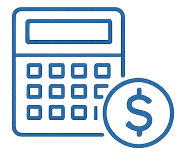 A calculator with a digital display and a large dollar sign coin.