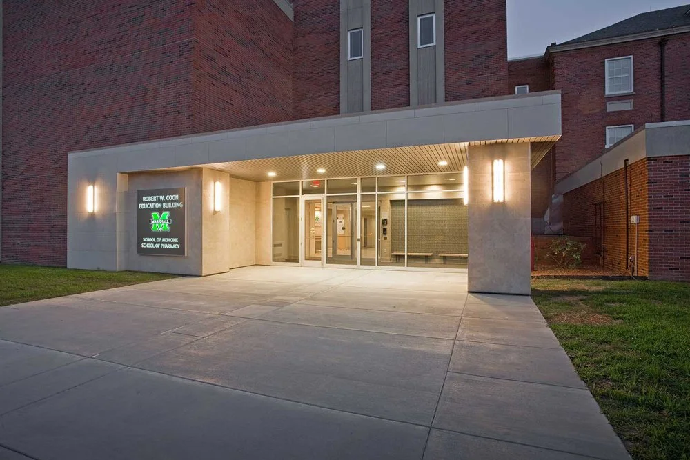 Robert W. Coon Education Building entrance for the Marshall University School of Pharmacy in Huntington, West Virginia.