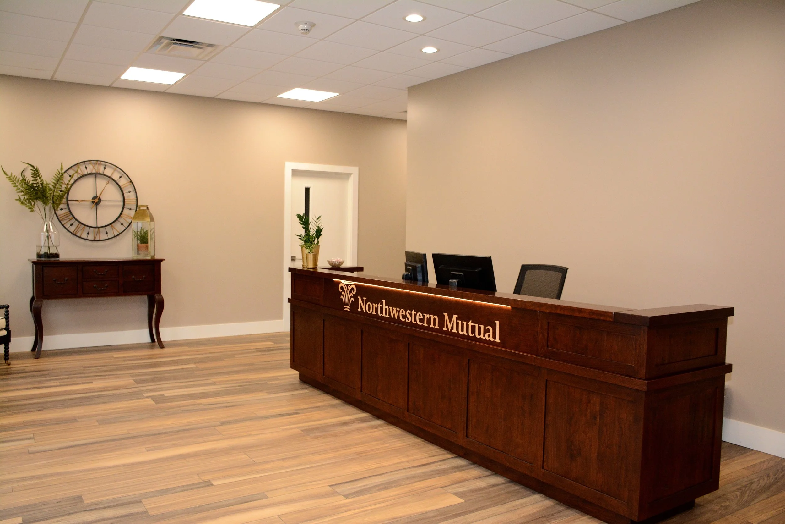 Reception area at the Northwestern Mutual office completed by MIRC Construction Services.