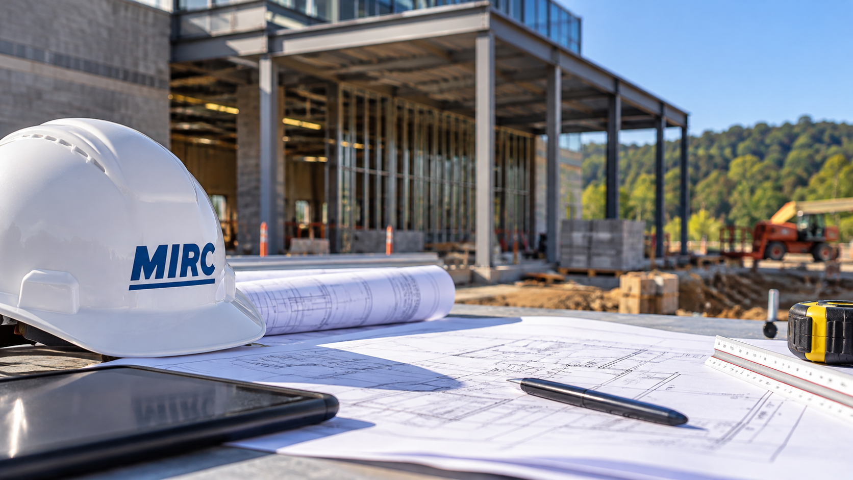 MIRC hard hat and construction drawings at an active commercial construction site in West Virginia.