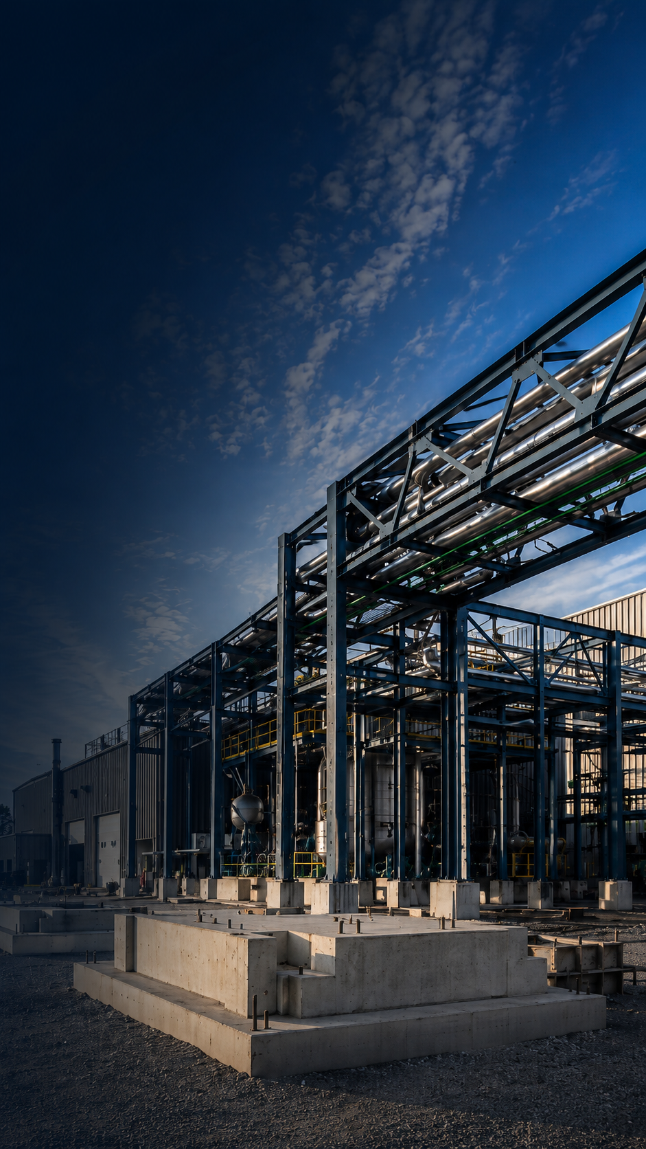 Industrial and specialty construction involving structural steel, piping, equipment, and facility infrastructure.