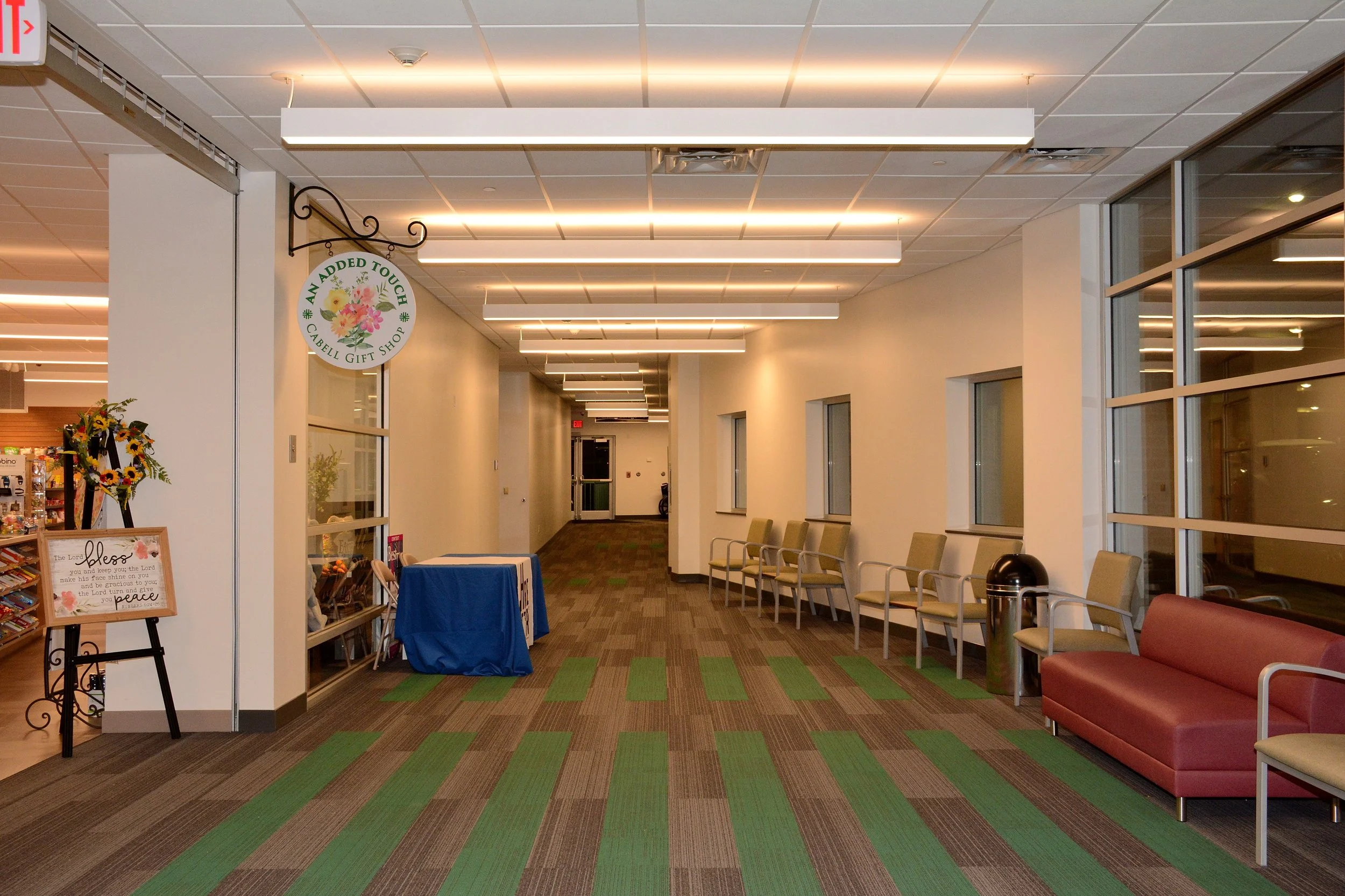 Interior corridor connecting the CHH Gift Shop with surrounding hospital spaces at Cabell Huntington Hospital.