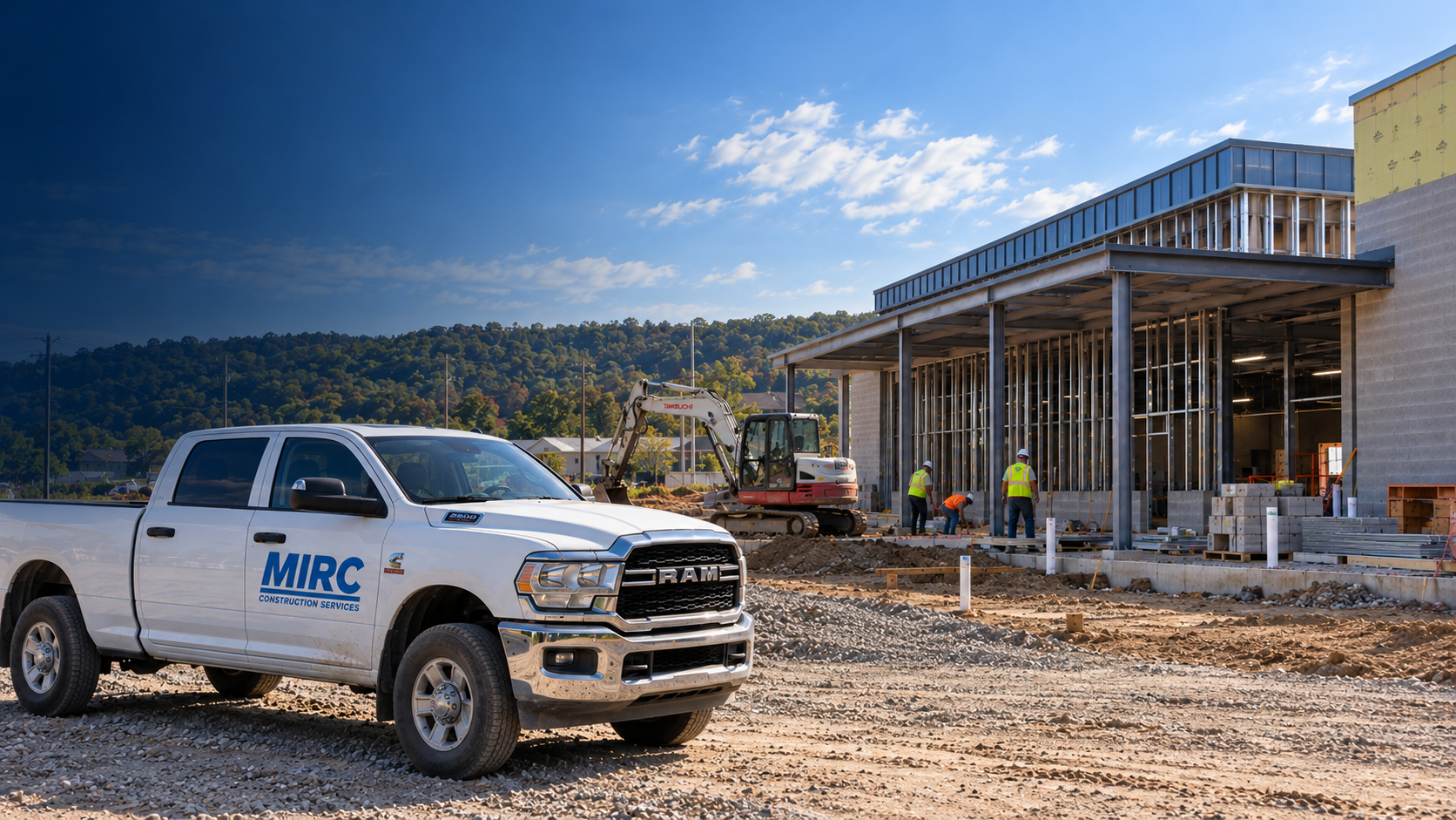 MIRC Construction Services truck and construction crew at an active West Virginia jobsite.