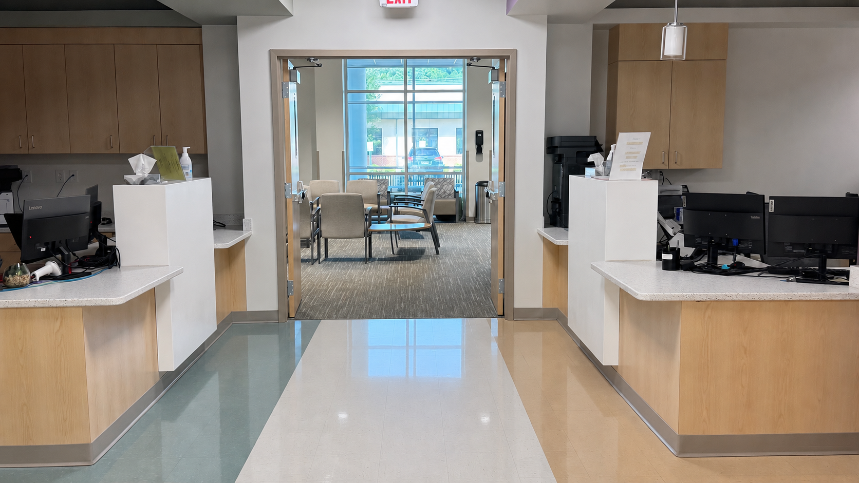 Patient reception and check-in area inside the Robert & Lena Shell Medical Pavilion.