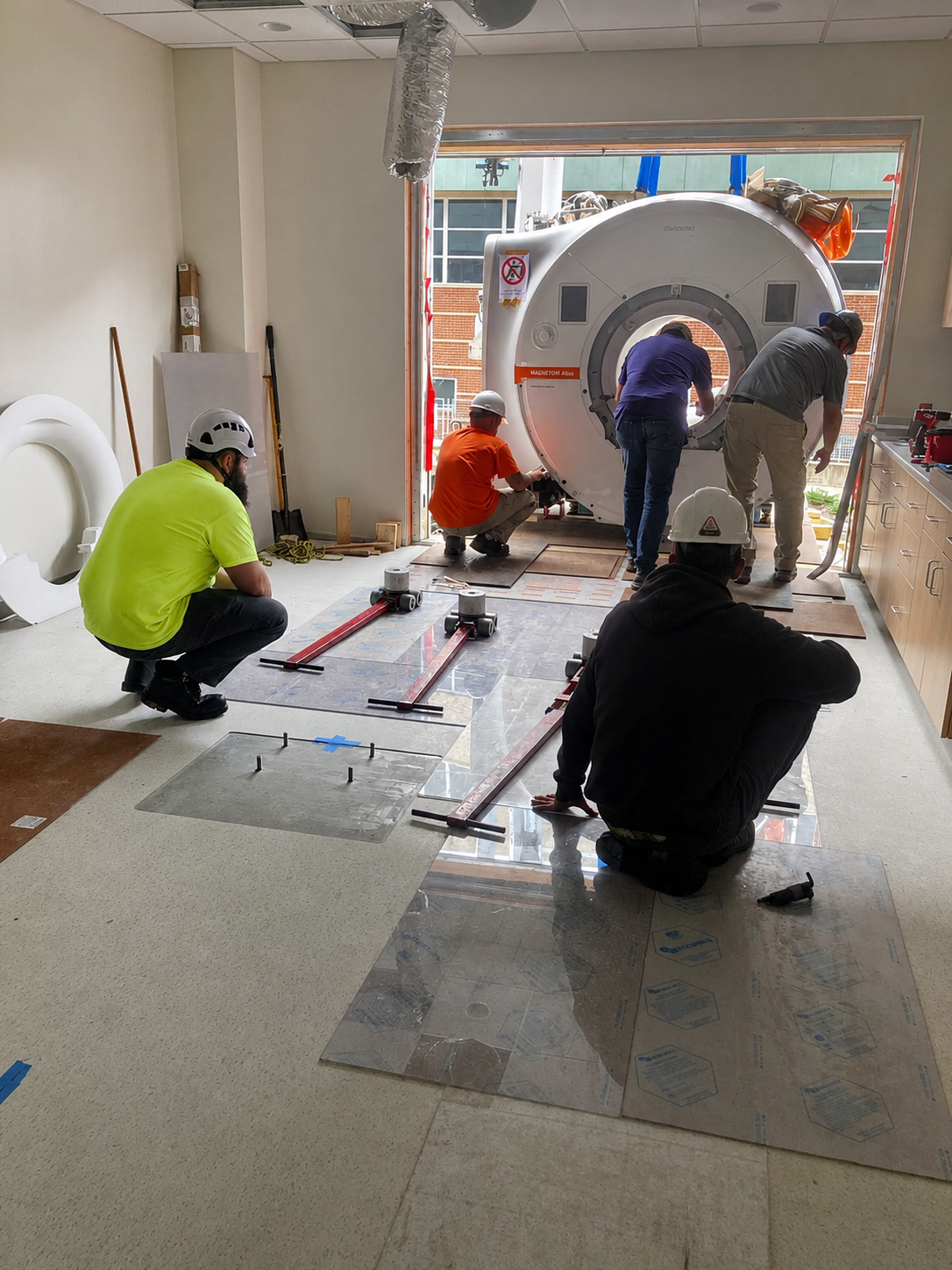 MIRC construction team coordinating the installation of an MRI scanner inside a healthcare facility.