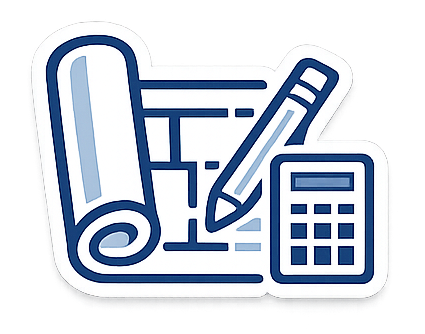 Icon of rolled blueprint, pencil, and calculator indicating planning or engineering concept.