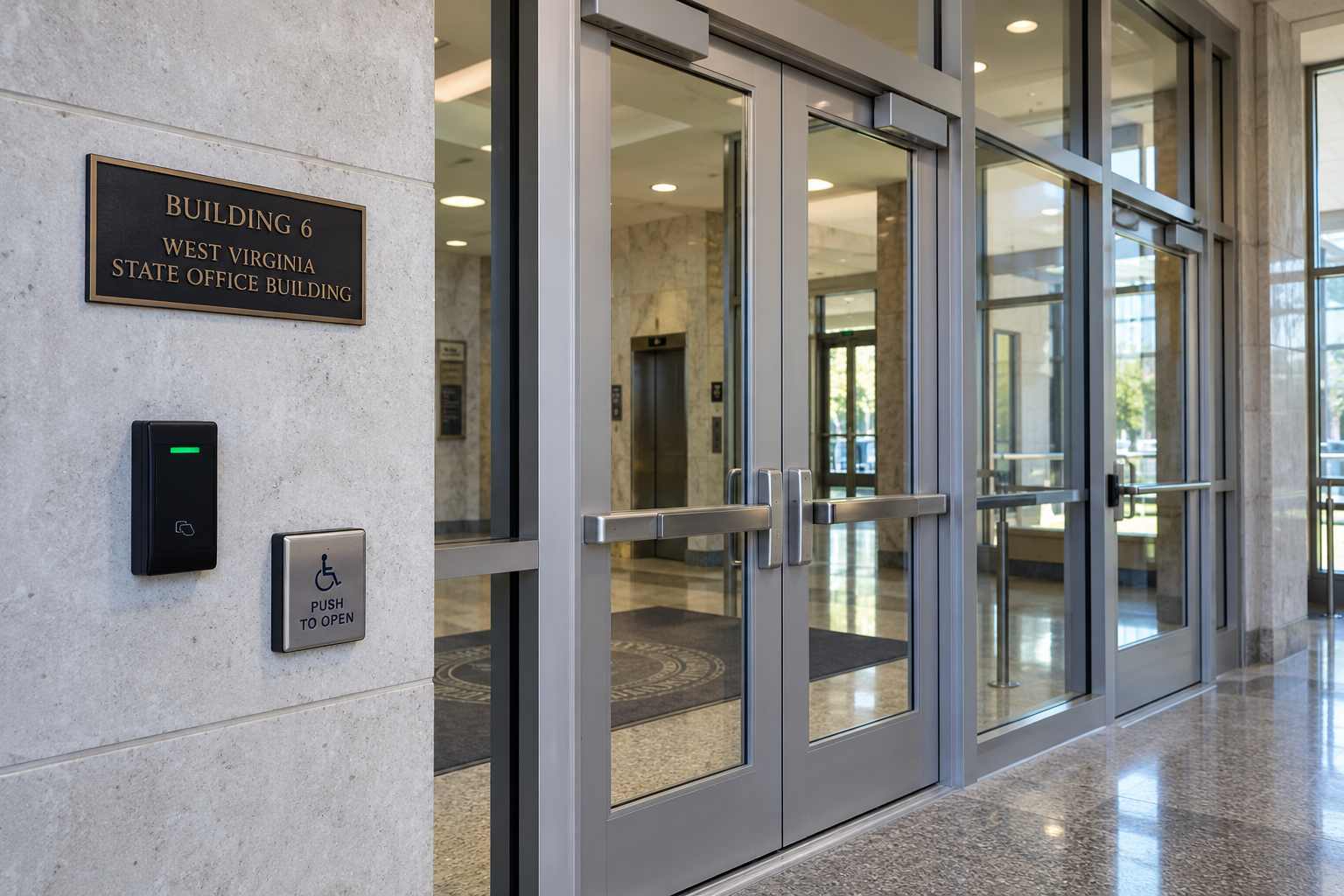 Rendered entrance at the West Virginia State Capitol Complex showing glass doors, access-control card reader and accessible door operator.