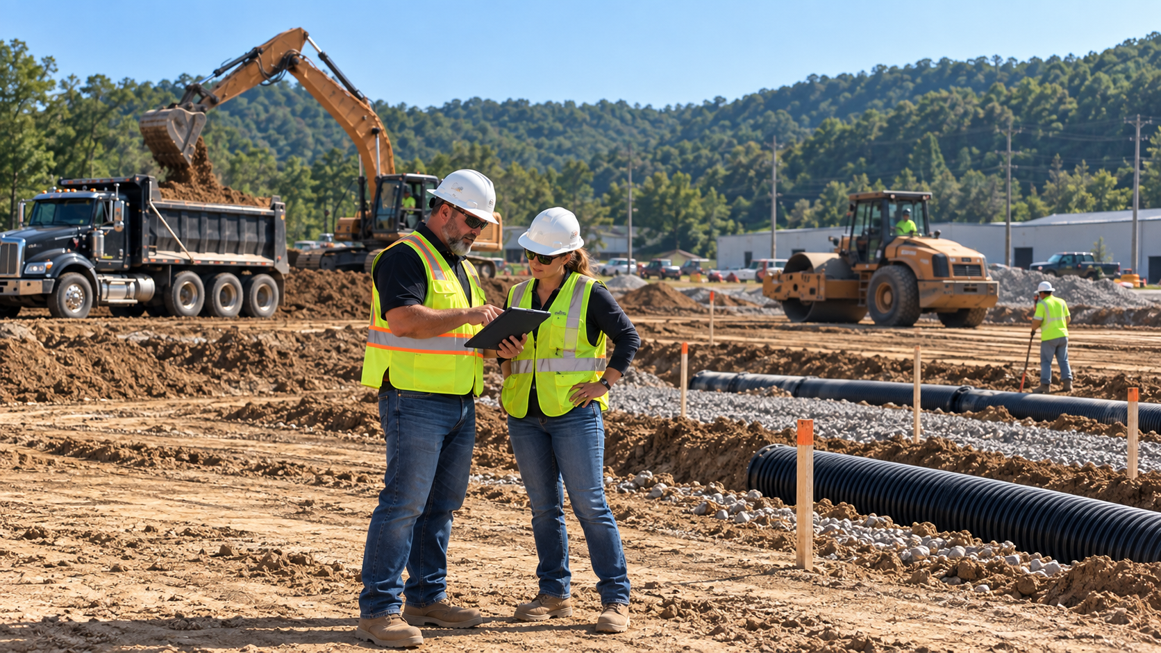 Construction crew coordinating sitework and underground utilities at an active West Virginia construction project.