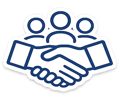 Illustration of two hands shaking in front of three people, symbolizing partnership or agreement.