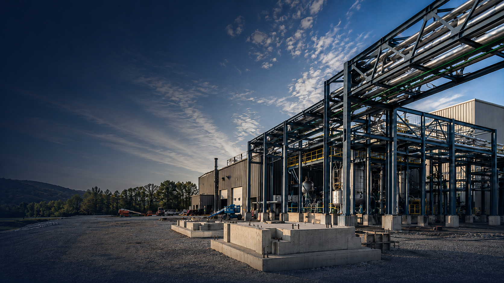 Industrial and specialty construction involving structural steel, piping, equipment, and facility infrastructure.