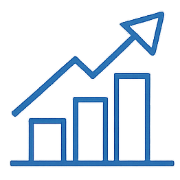 A blue line graph with an upward trend, showing three bars of increasing height and an arrow pointing upward.