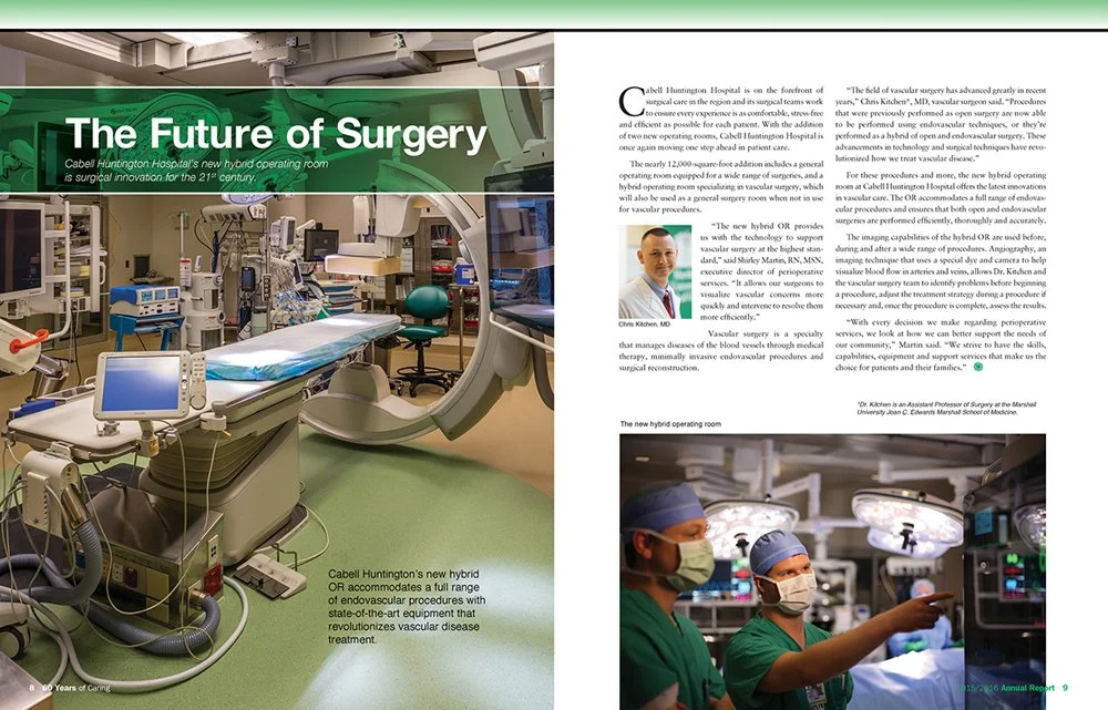 Published feature highlighting the CHH Hybrid operating room and its advanced surgical capabilities at Cabell Huntington Hospital.