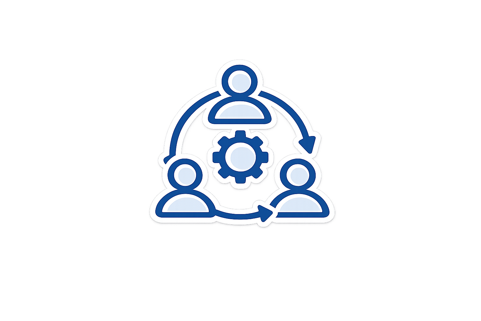 Icon of three people connected around a gear with arrows showing collaboration or workflow.