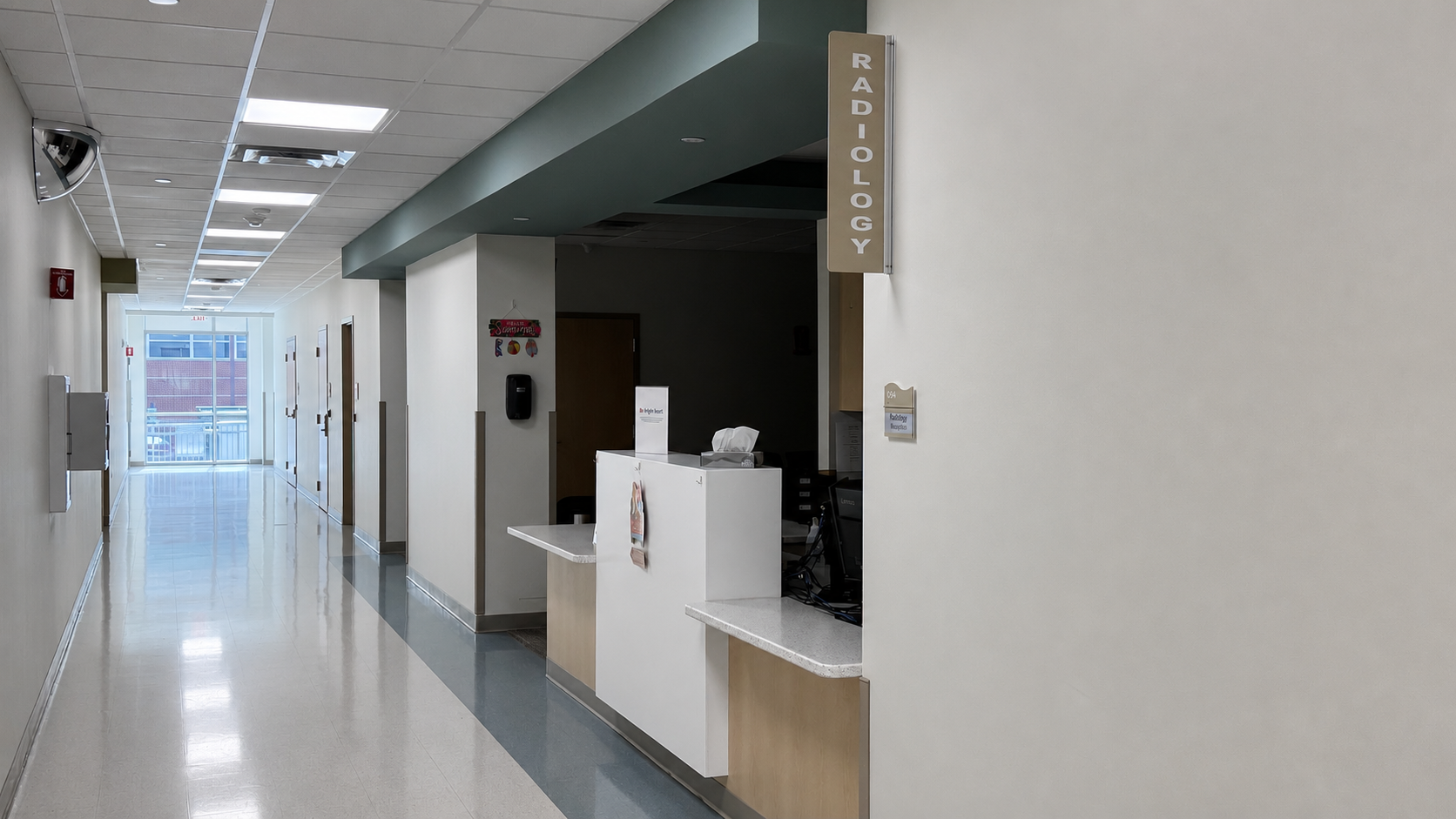 Radiology corridor and reception area inside the Robert & Lena Shell Medical Pavilion at Cabell Huntington Hospital.