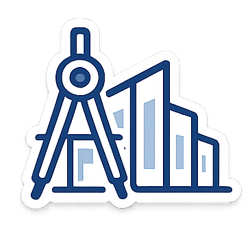 A geometric illustration of a compass used for drawing, next to a set of ascending bar graphs, representing measurement and data analysis.