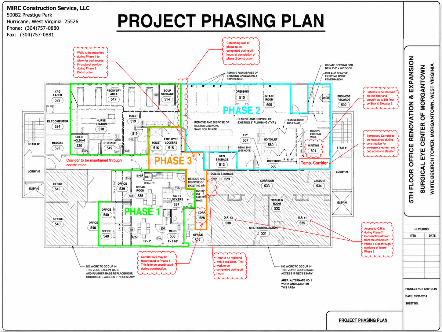 MIRC project phasing plan for the Surgical Eye Center of Morgantown fifth-floor renovation showing three construction phases and maintained circulation routes.