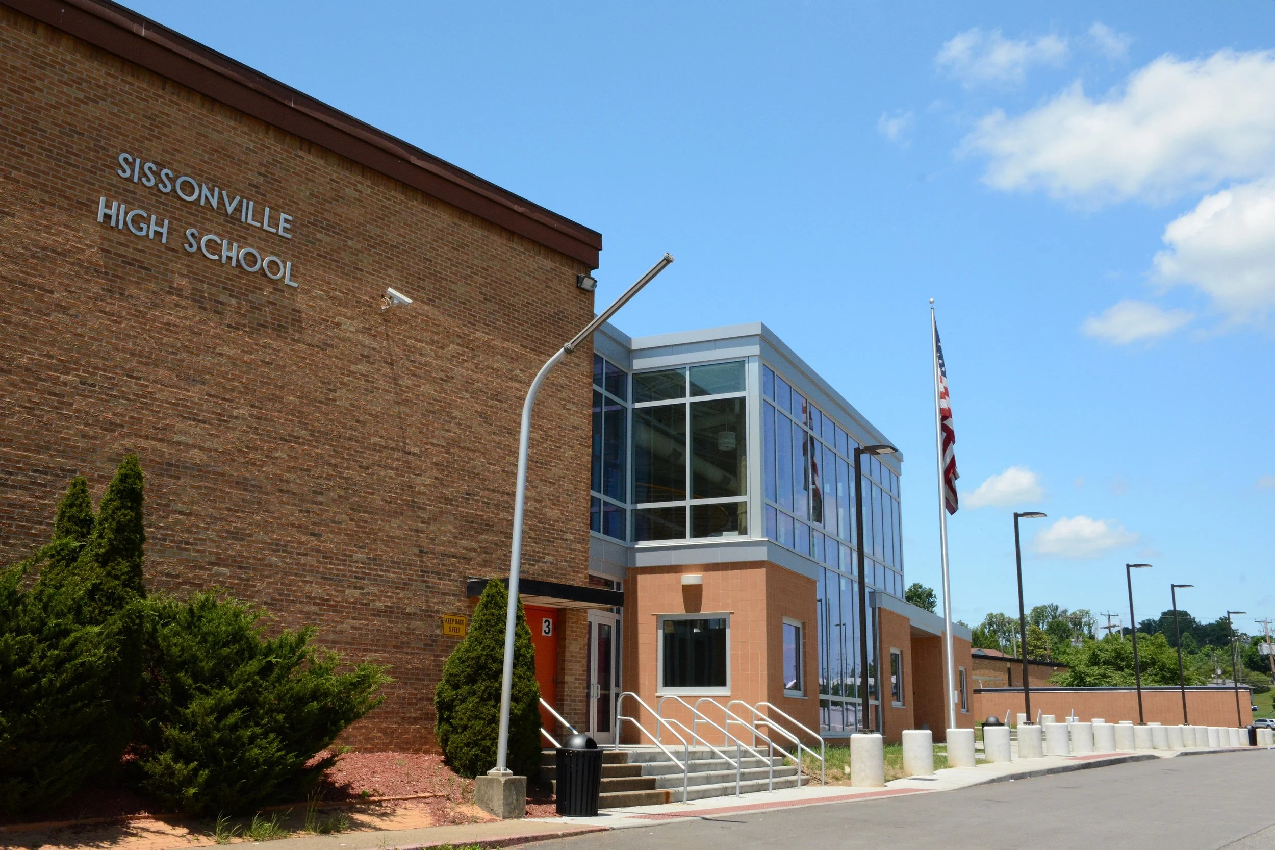 Exterior of Sissonville High School showing the commons addition and updated entrance in Sissonville, West Virginia.