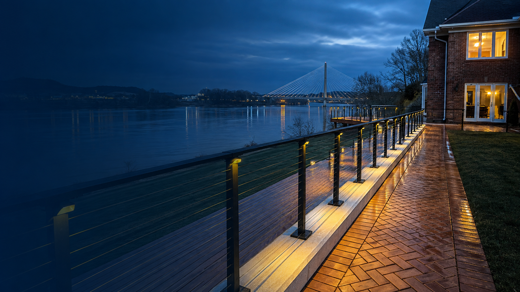 Completed riverfront deck and illuminated cable railing at the Pallottine Sisters project in Huntington, West Virginia.