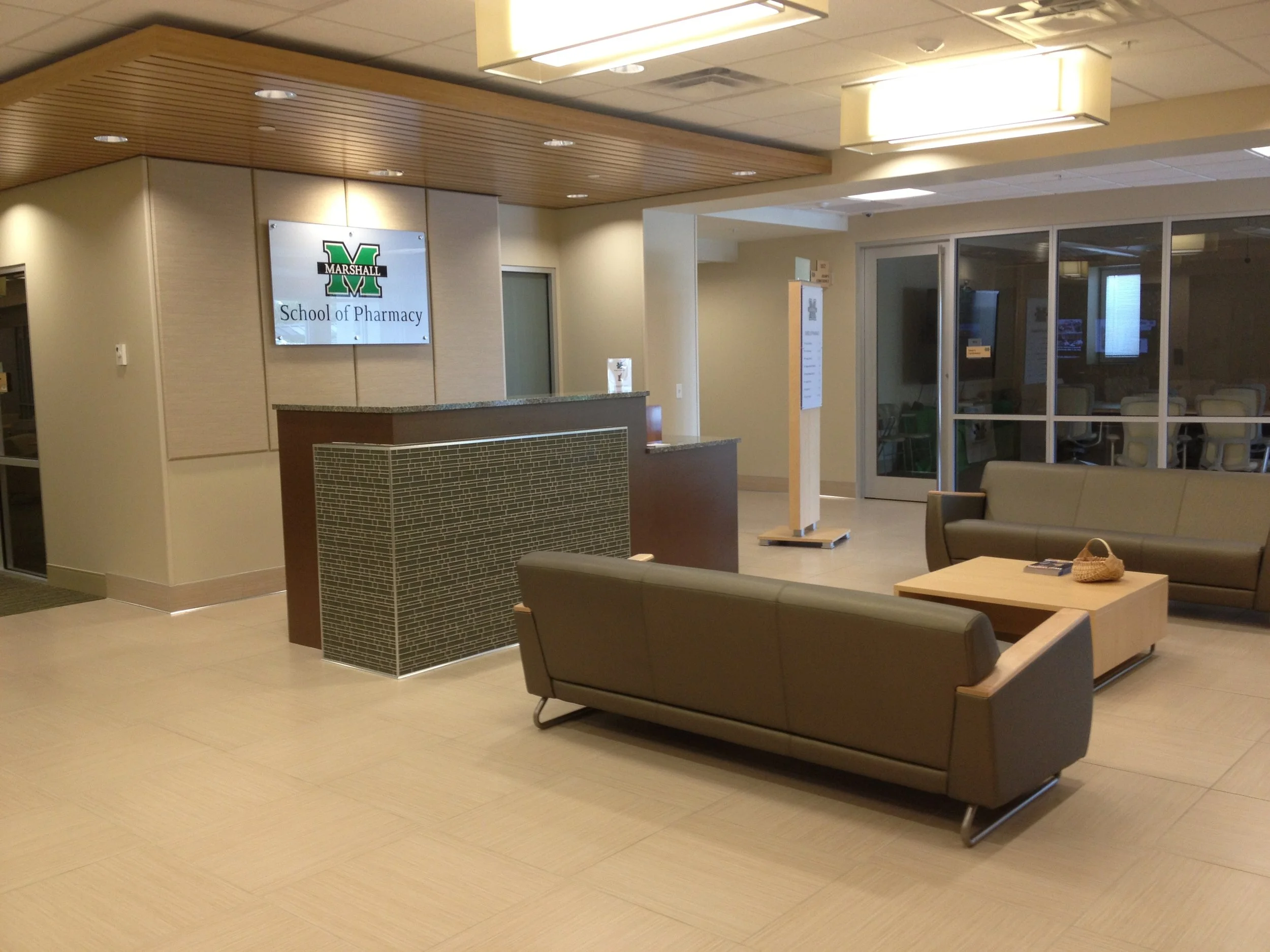 Reception and student seating area inside the Marshall University School of Pharmacy.