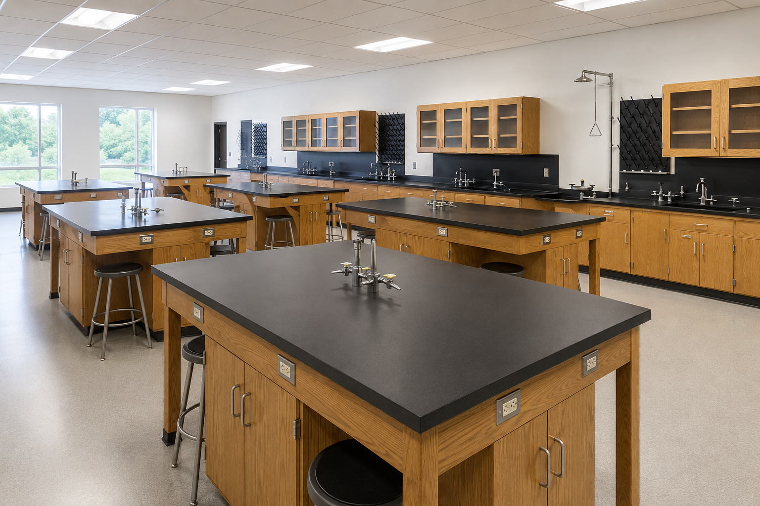 Architectural visualization of a WVU Parkersburg New Science Wing teaching laboratory with wood casework and black epoxy work surfaces.
