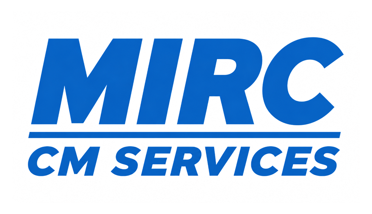 Logo with large blue letters 'MIRC' above a blue line, and smaller blue text 'CM SERVICES' below the line.