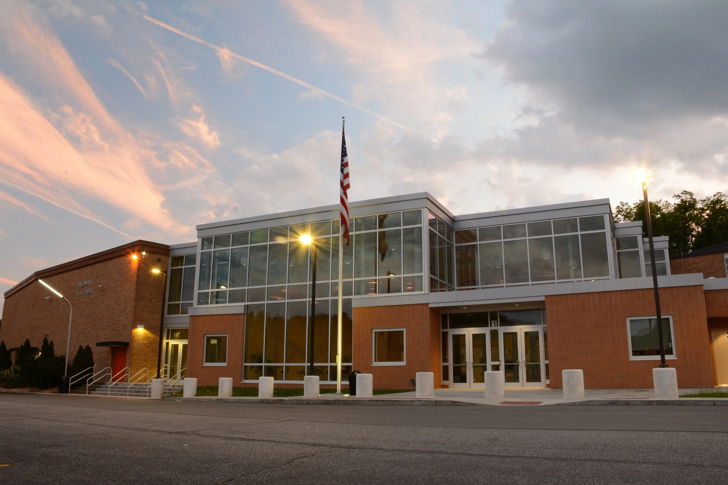 Sissonville High School Commons Addition and Renovated Entrance at sunset in Sissonville, West Virginia.
