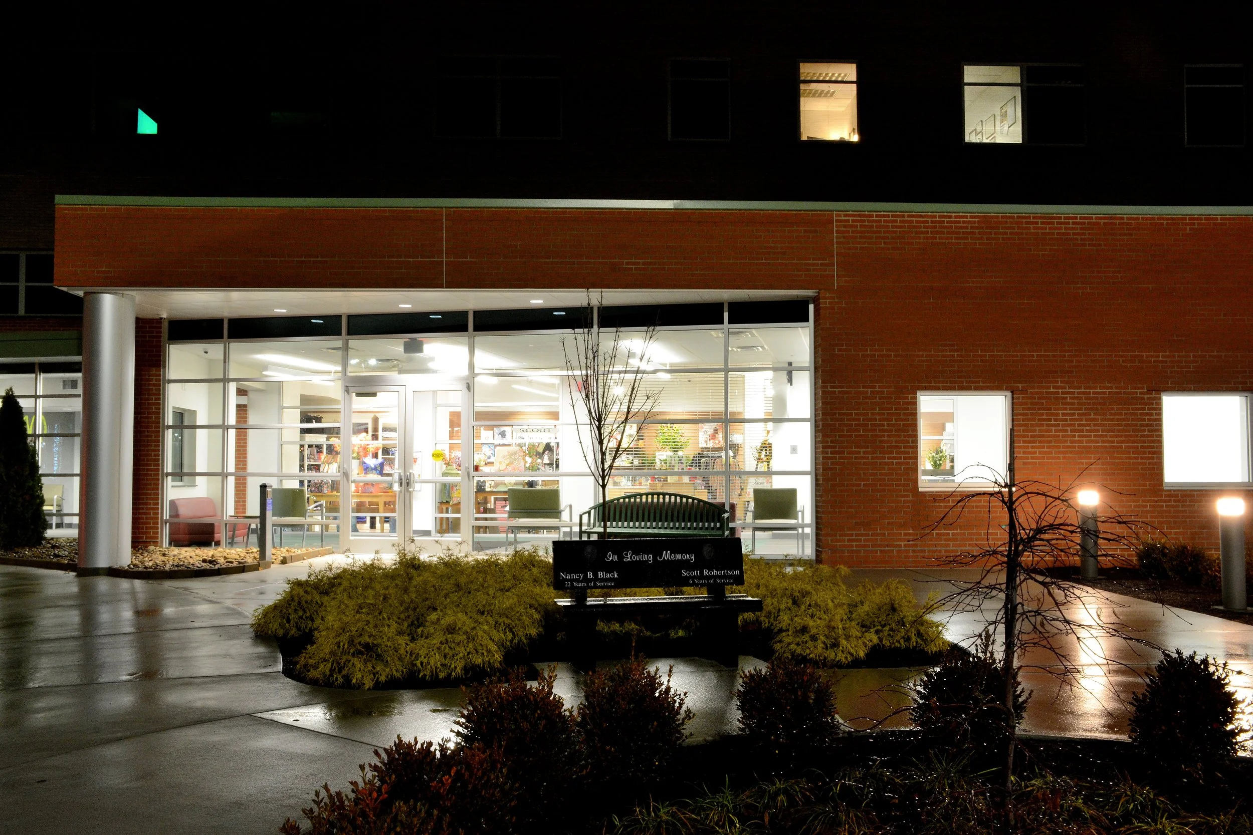 Nighttime entrance to the CHH Gift Shop Connector at Cabell Huntington Hospital in Huntington, West Virginia.