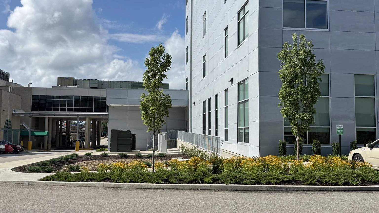 Landscaped exterior of the Robert & Lena Shell Medical Pavilion in Huntington, West Virginia.