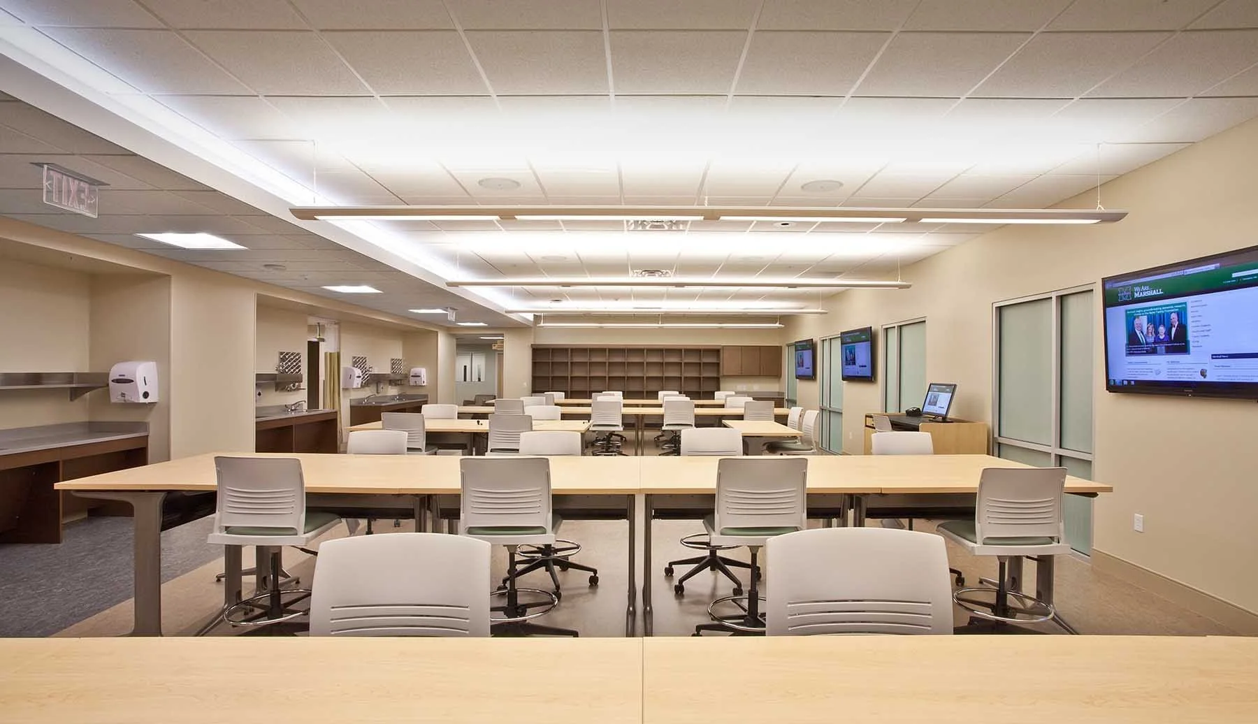 Technology-equipped classroom inside the Marshall University School of Pharmacy.