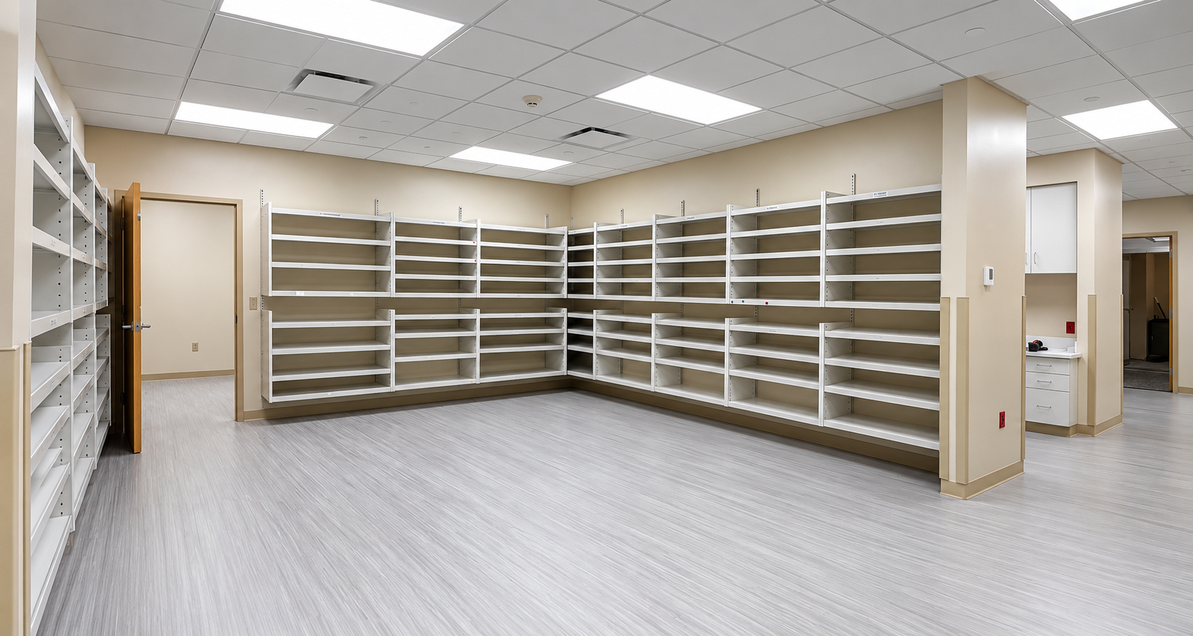 Completed pharmacy shelving and storage area
