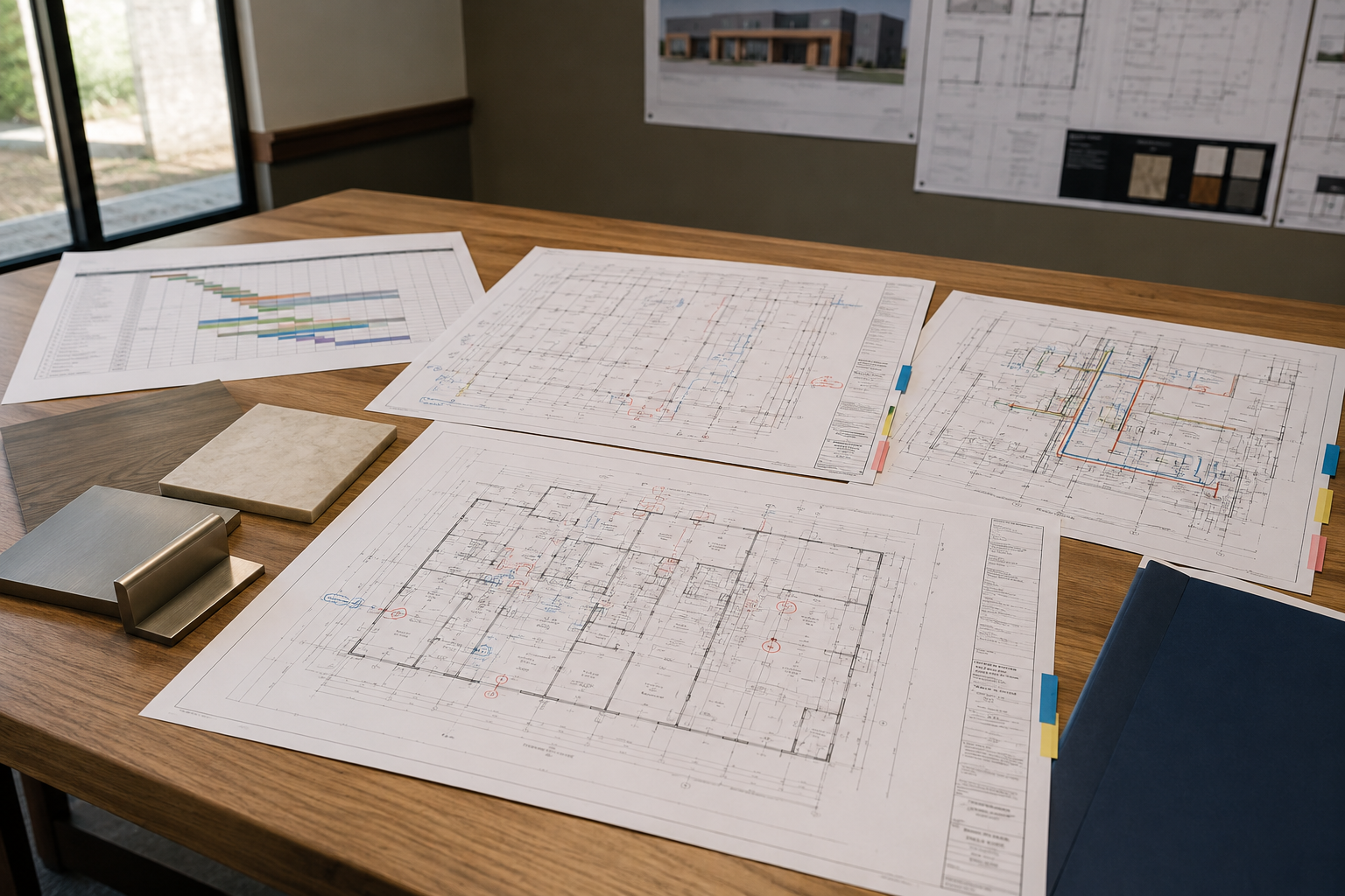 Architectural, structural and MEP drawings with material samples arranged for design-build coordination.
