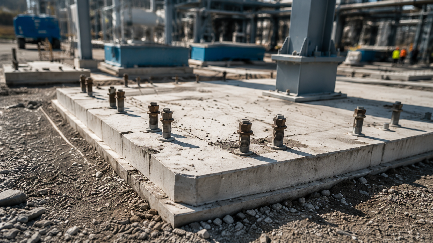 Concrete equipment foundations and anchor bolts for industrial and specialty construction.