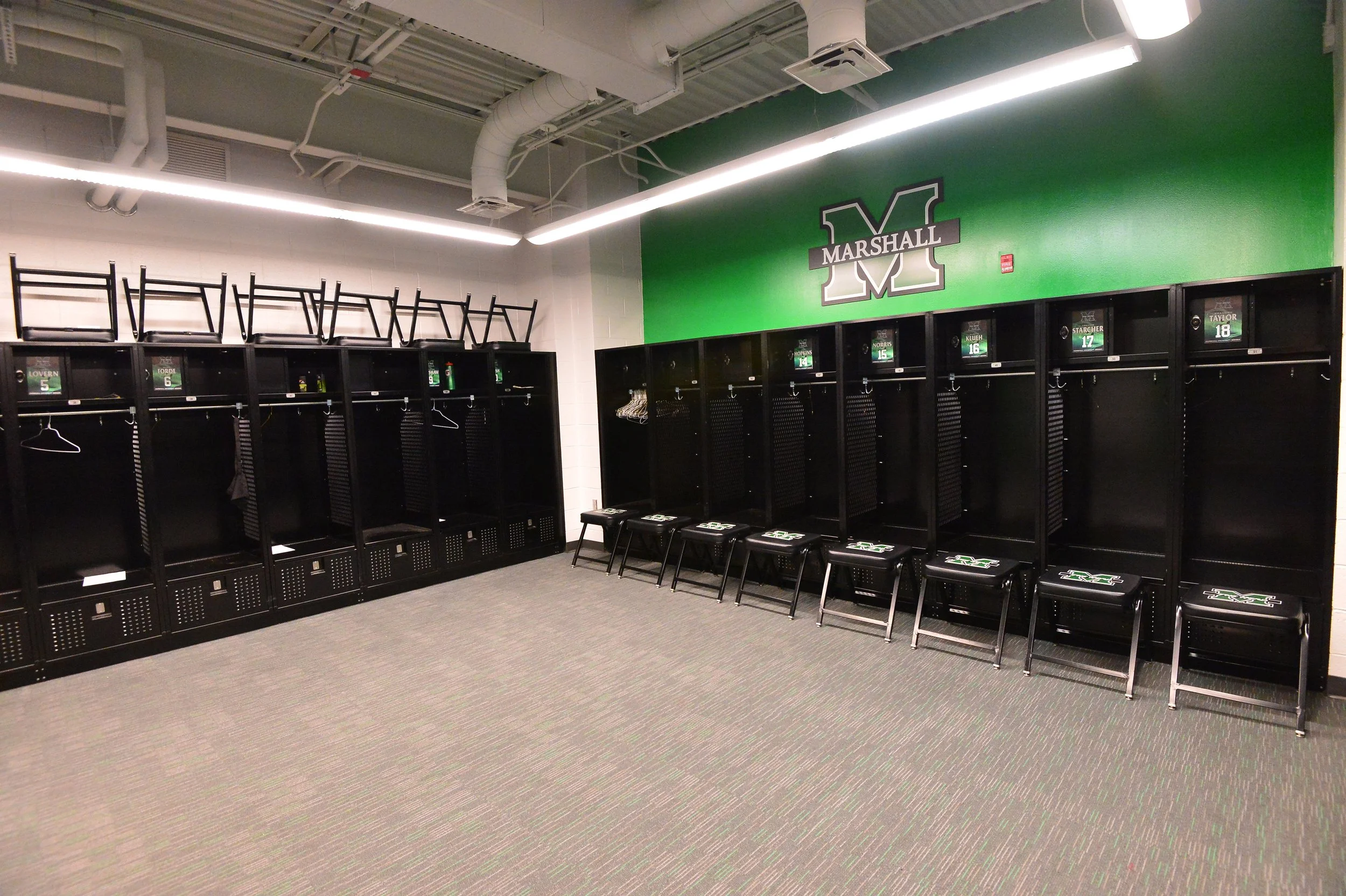 Team locker room at Hoops Family Field at Veterans Memorial Soccer Complex at Marshall University.