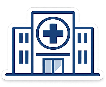 Hospital building icon with a blue cross in a circle above the entrance