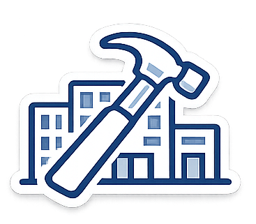 Illustration of a hammer and a building, symbolizing construction or repair.