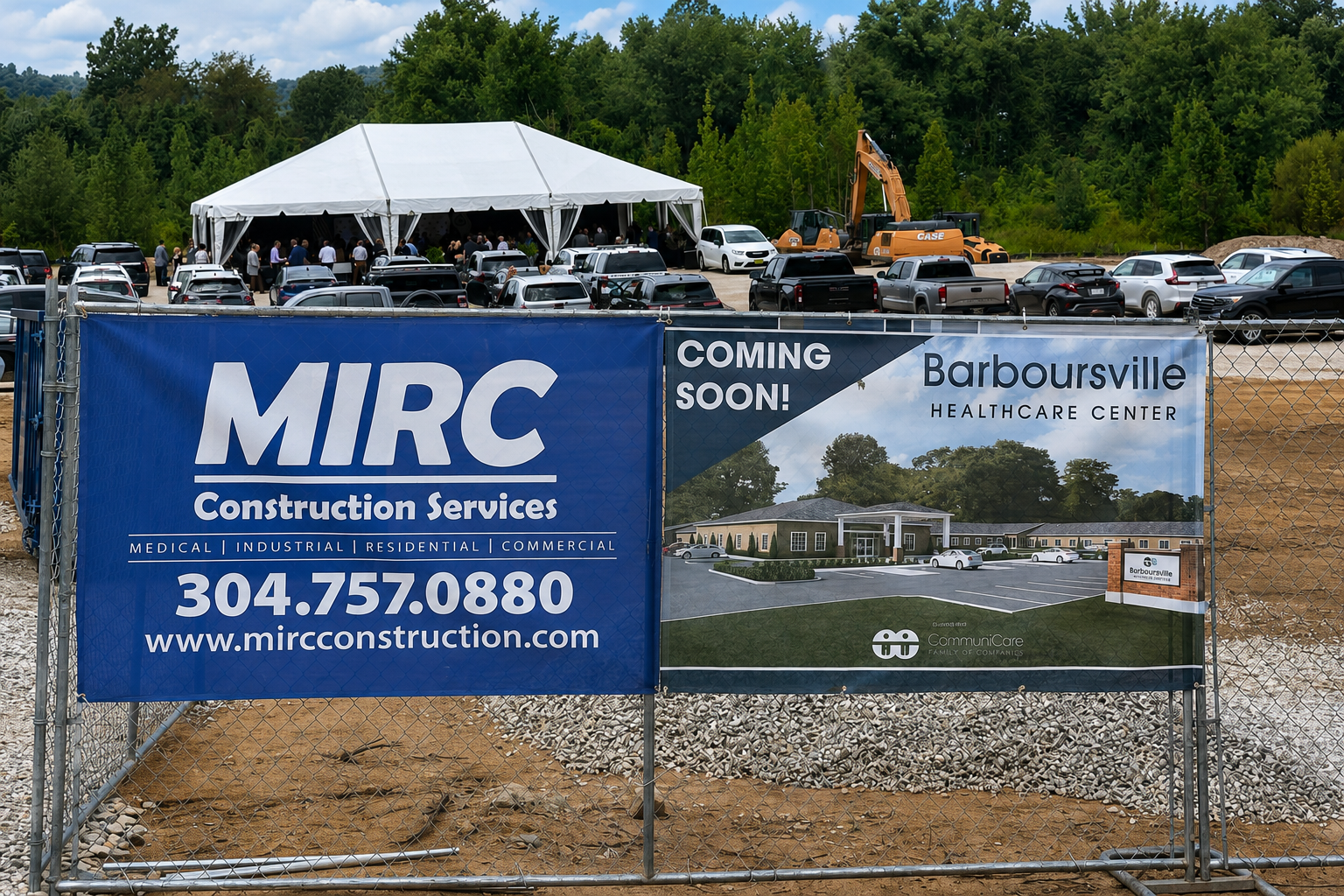 MIRC Construction Services signage at the Barboursville Healthcare Center groundbreaking in Barboursville, West Virginia.