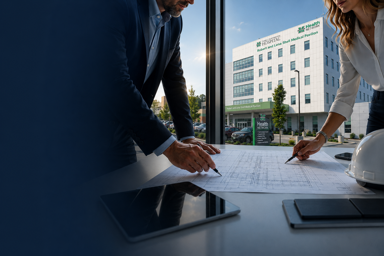 Construction professionals reviewing blueprints with the Robert and Lena Shell Medical Pavilion in the background.
