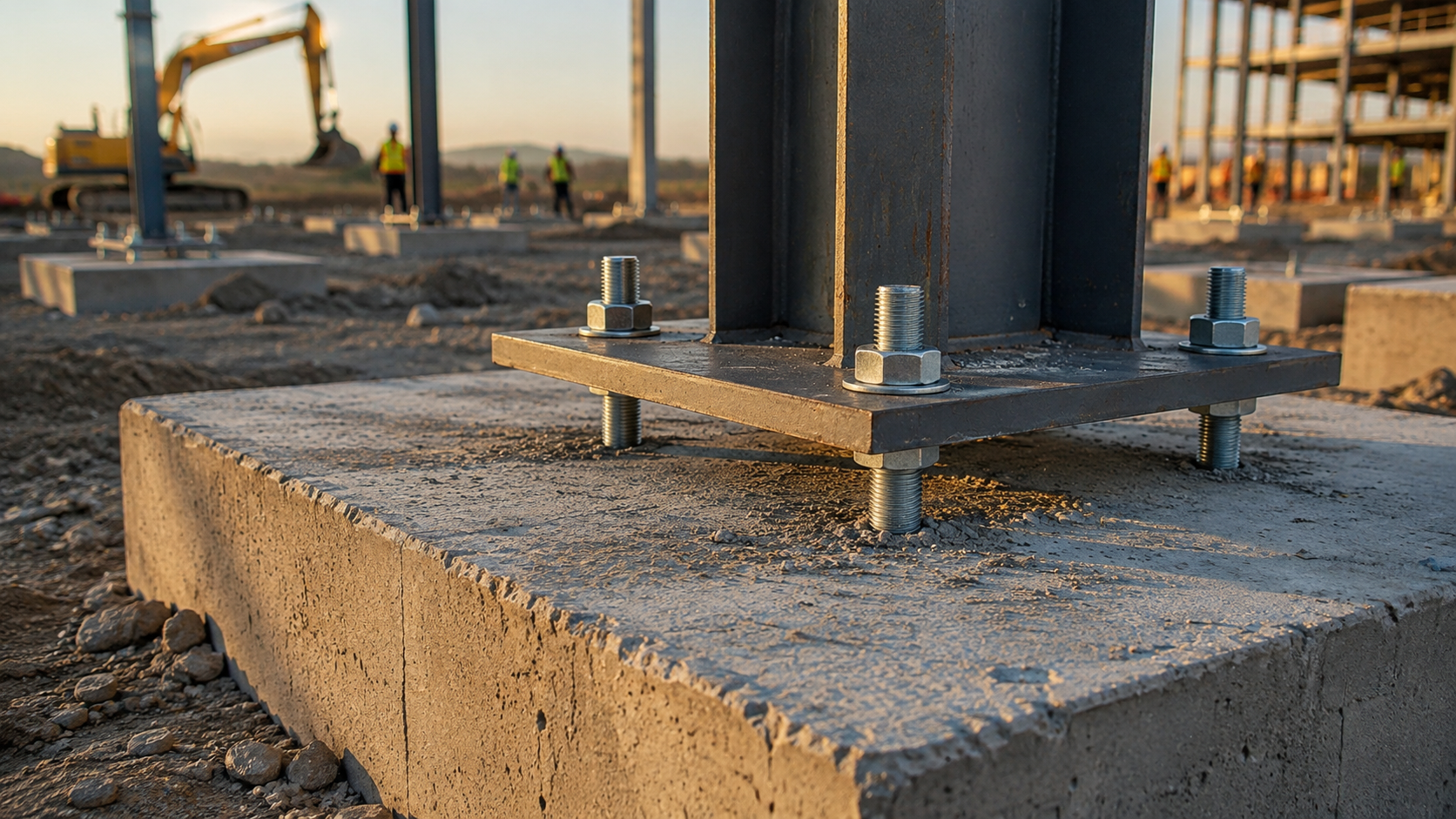 Structural steel column and concrete foundation work during industrial construction.