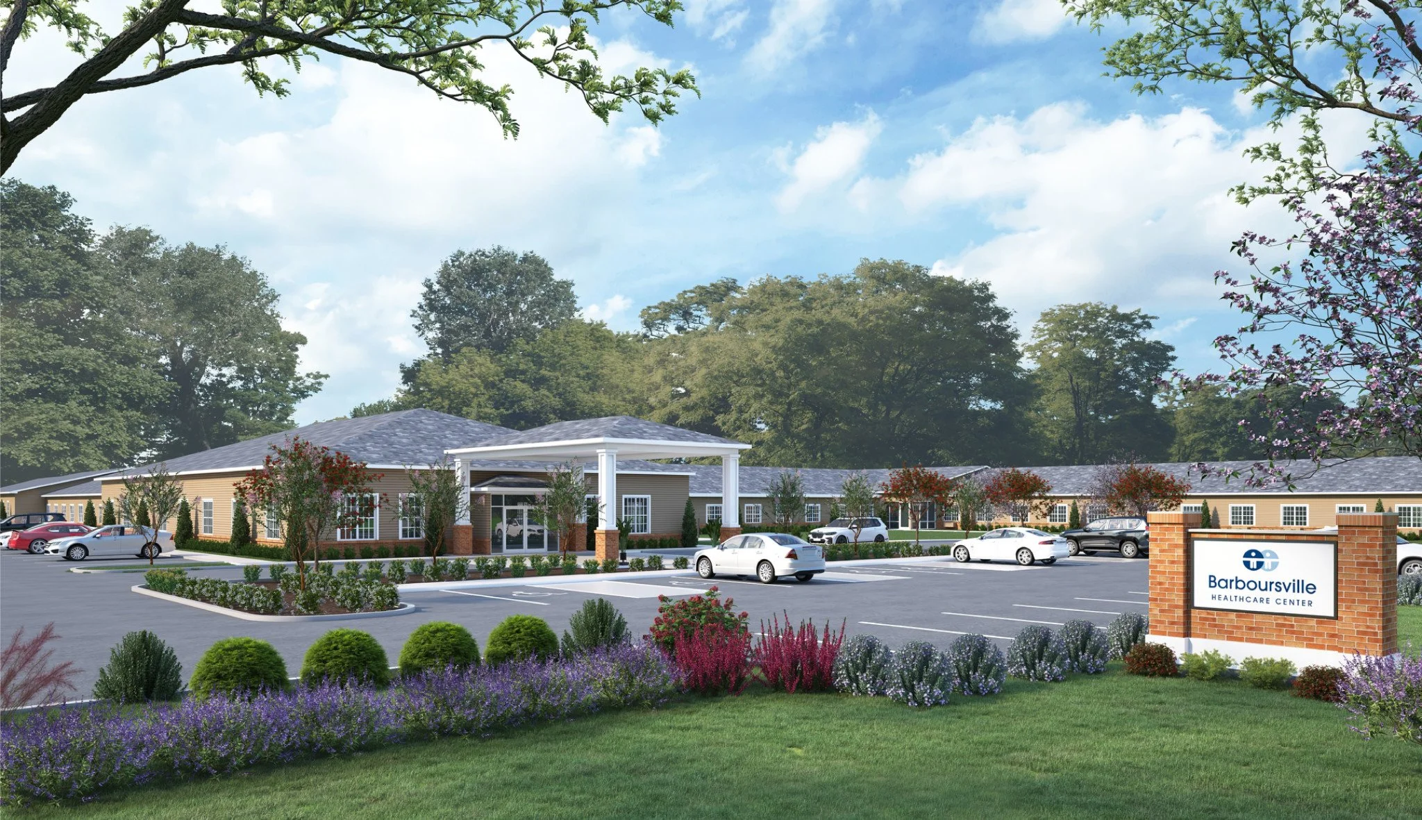 Exterior view of the Barboursville Healthcare Center with a parking lot, landscaped garden, and building surrounded by trees, under a partly cloudy sky.
