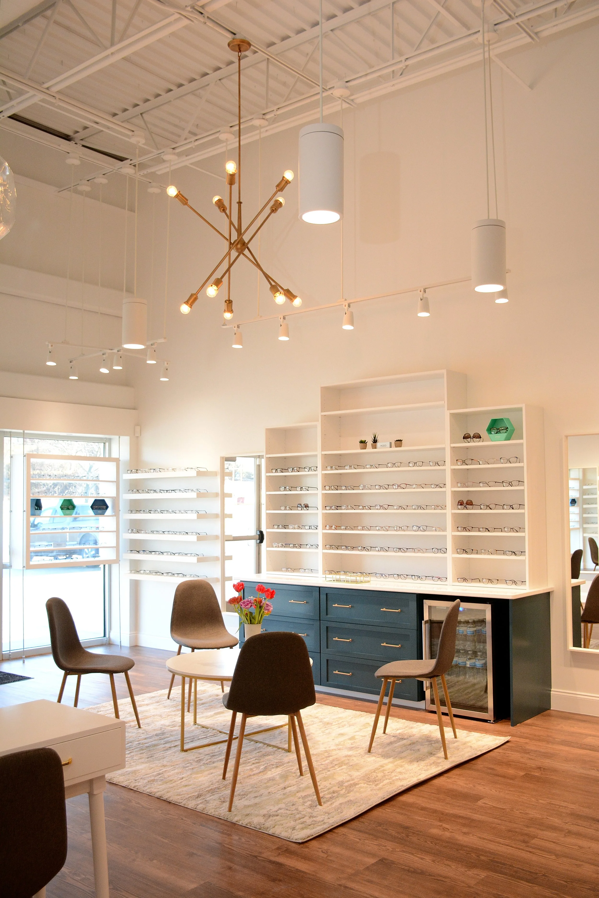 Interior eyewear showroom and patient seating area at Parnell Family Eye Care in South Point, Ohio.