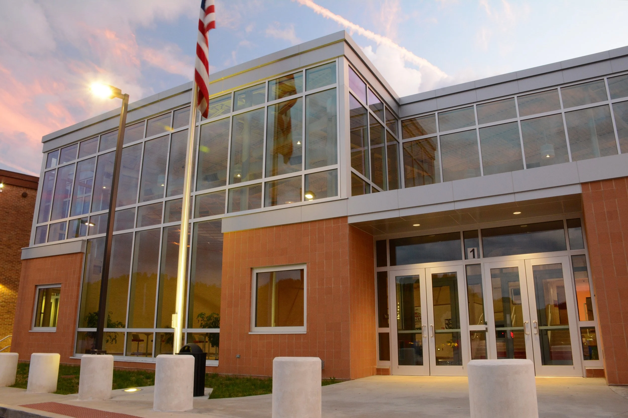 Sissonville High School commons addition and renovated entrance at sunset in Sissonville, West Virginia.