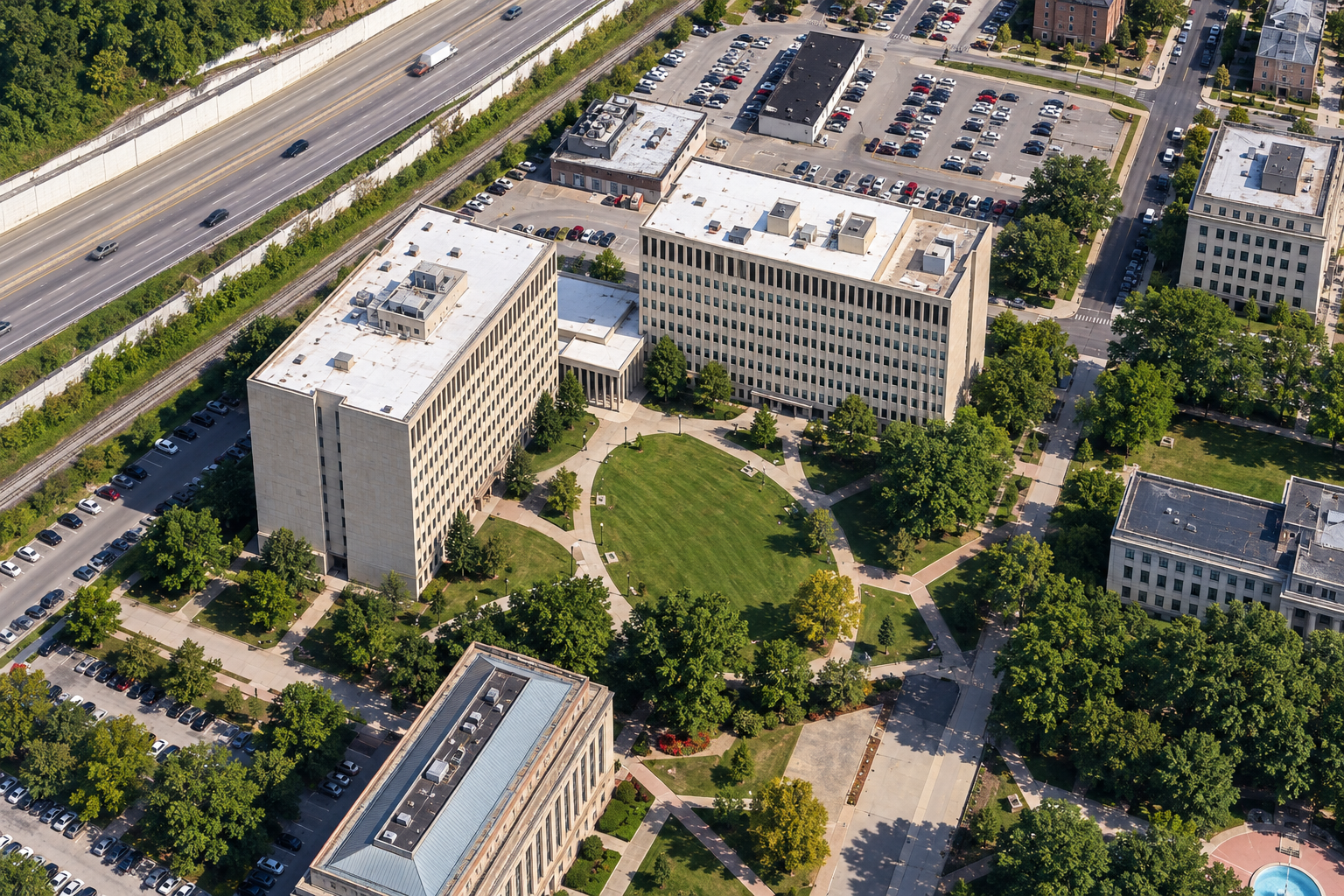 Rendered Aerial view of West Virginia State Capitol Complex Buildings 5, 6 and 7 and the surrounding grounds in Charleston, West Virginia.
