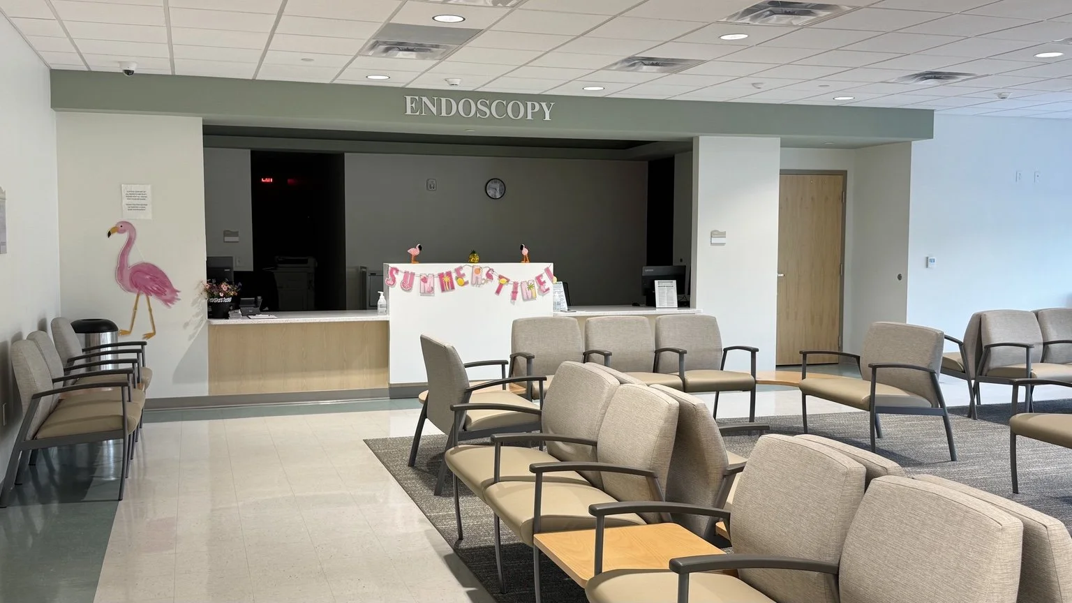 Endoscopy waiting and check-in area inside the Robert & Lena Shell Medical Pavilion.