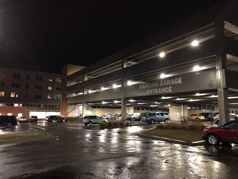 Nighttime view of the CHH Parking Garage at Cabell Huntington Hospital in Huntington, West Virginia.