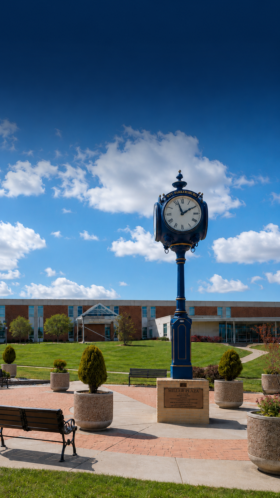 WVU Parkersburg memorial clock in Eldon Miller Plaza on the university campus in Parkersburg, West Virginia.