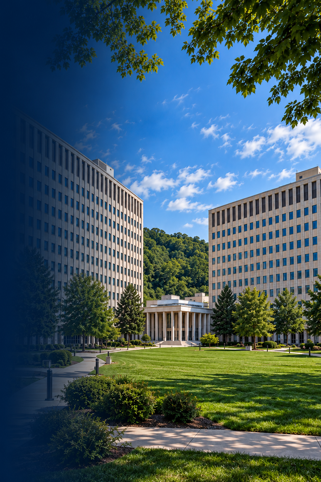 West Virginia State Capitol Complex Buildings 5, 6 and 7 surrounding the landscaped courtyard in Charleston, West Virginia.
